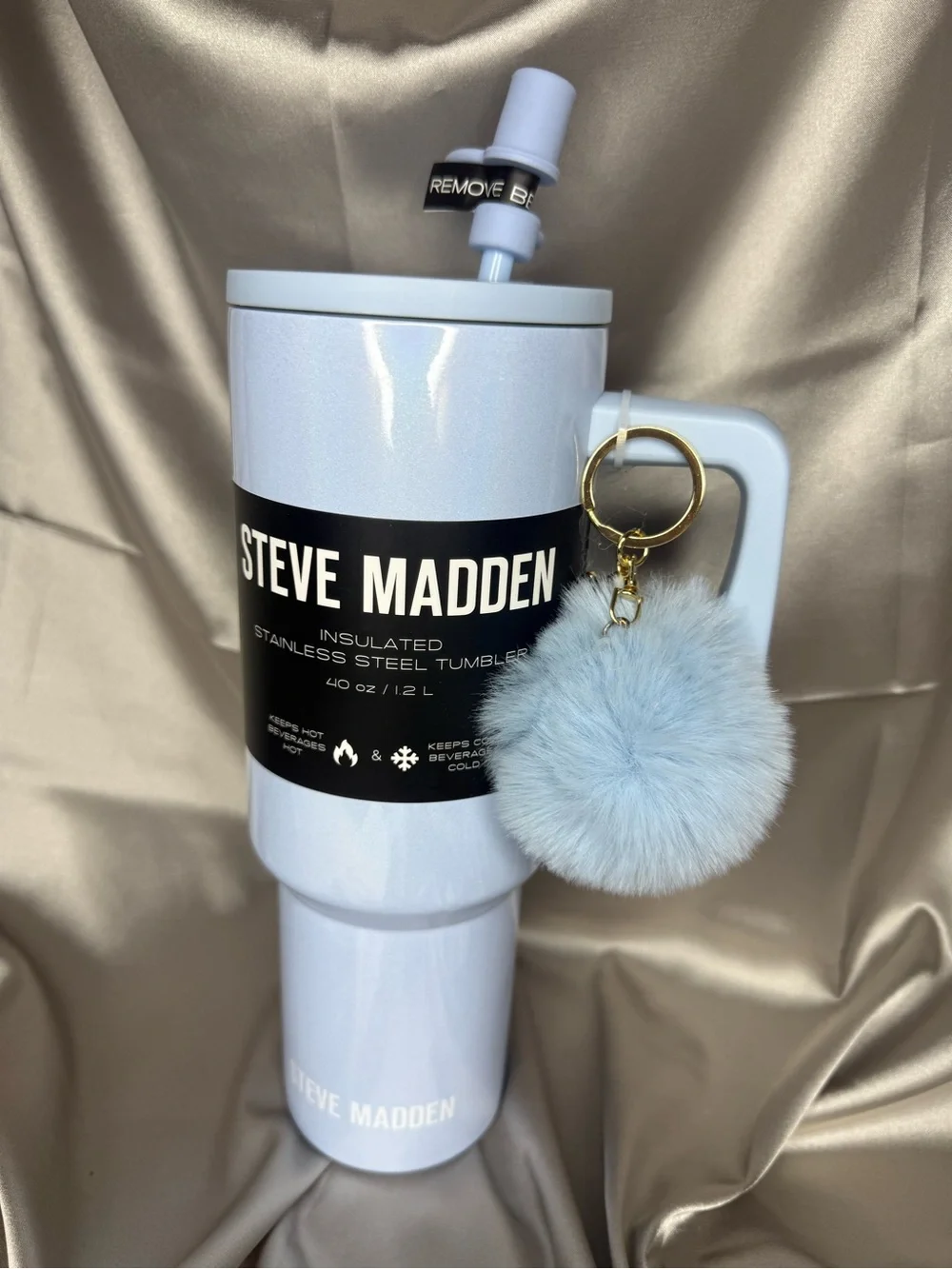 Steve Madden Powder Blue Insulated Travel Tumbler with Pom Keyring